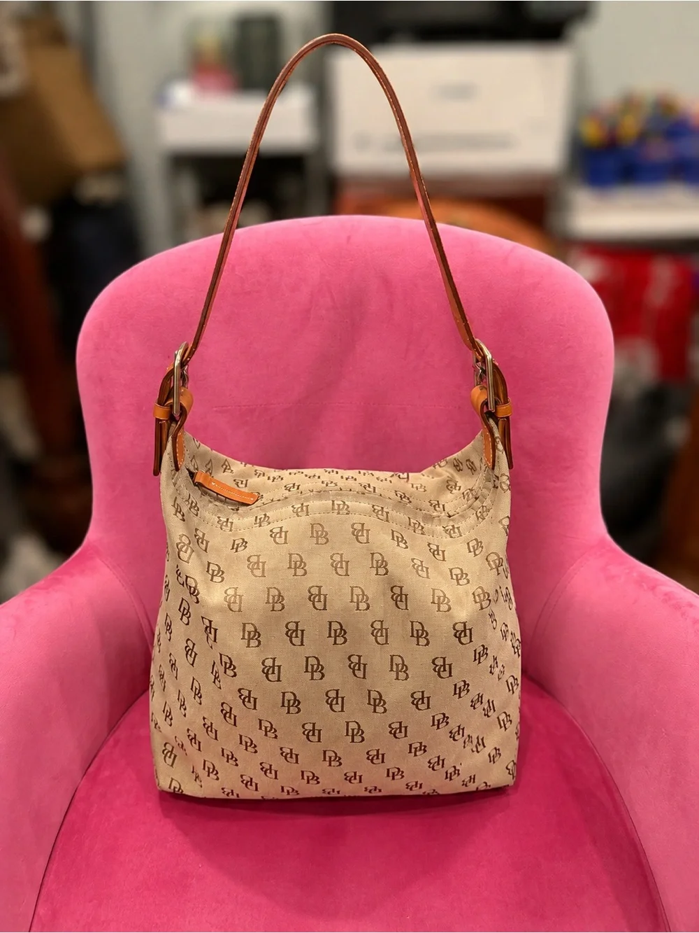 Dooney & Bourke Beige Logo Hobo Bag with Brown Leather Strap